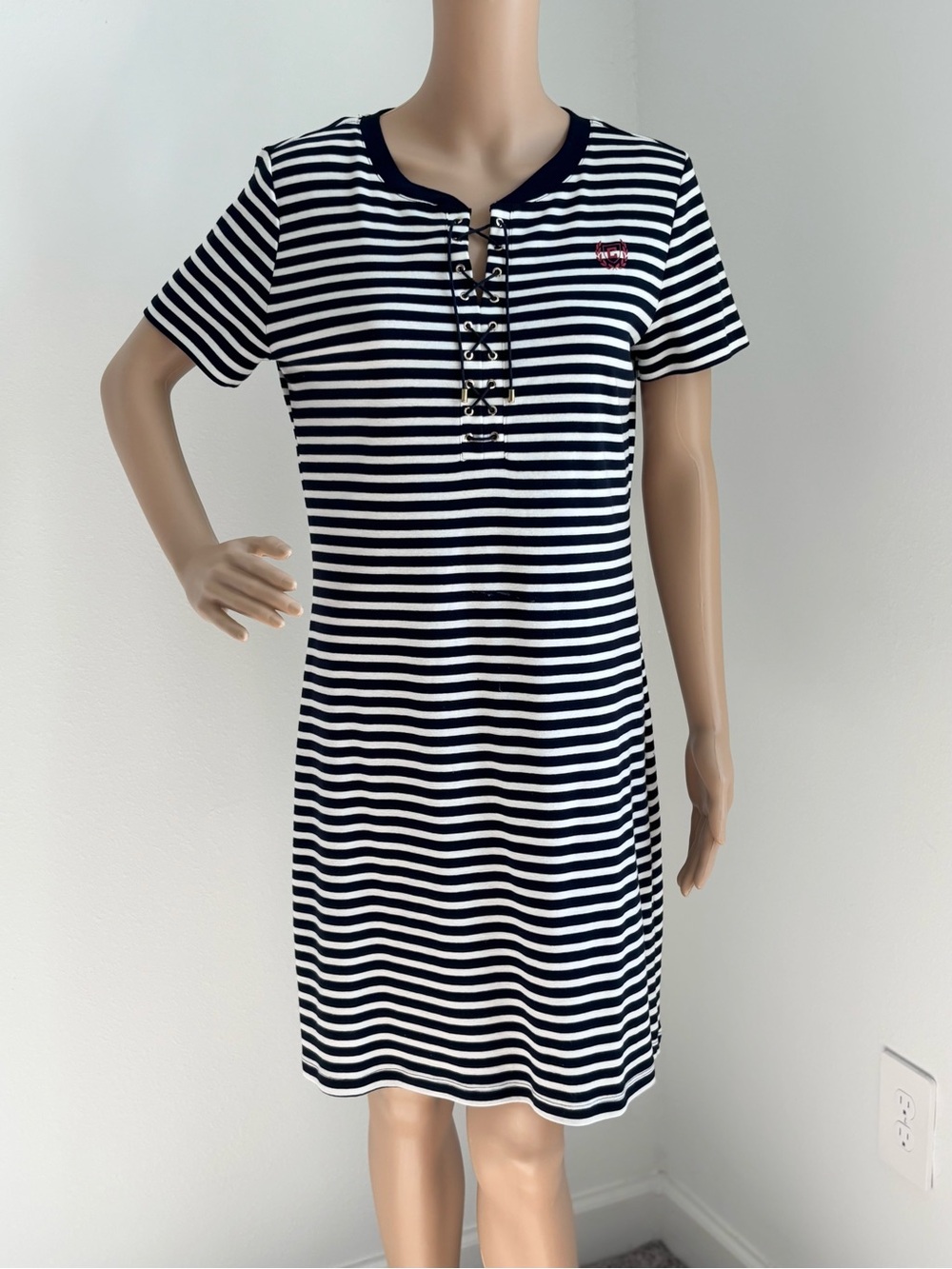 Chaps Navy and White Striped Crewneck Dress